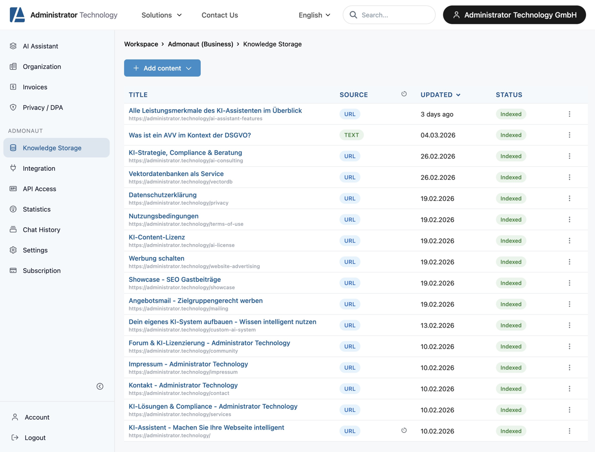 Current AI assistant web interface Screenshot of the current AI assistant admin interface
